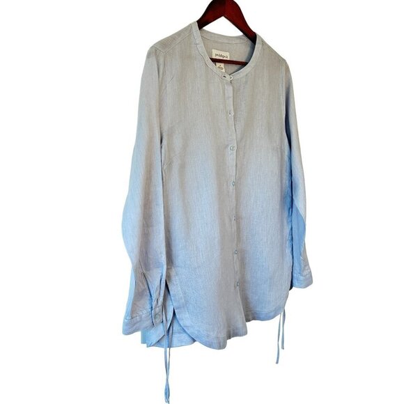 Peck & Peck Linen Tunic Button Down has Side Slits with Ties Robin Egg Blue Med - Picture 2 of 6